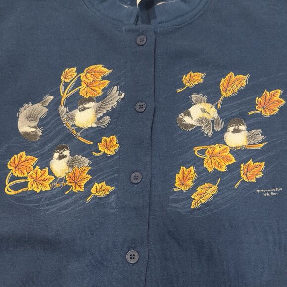 VTG 90s Morning Sun Birds Art Print Cardigan Sweatshirt USA Woman’s M Fall Navy - Picture 3 of 10